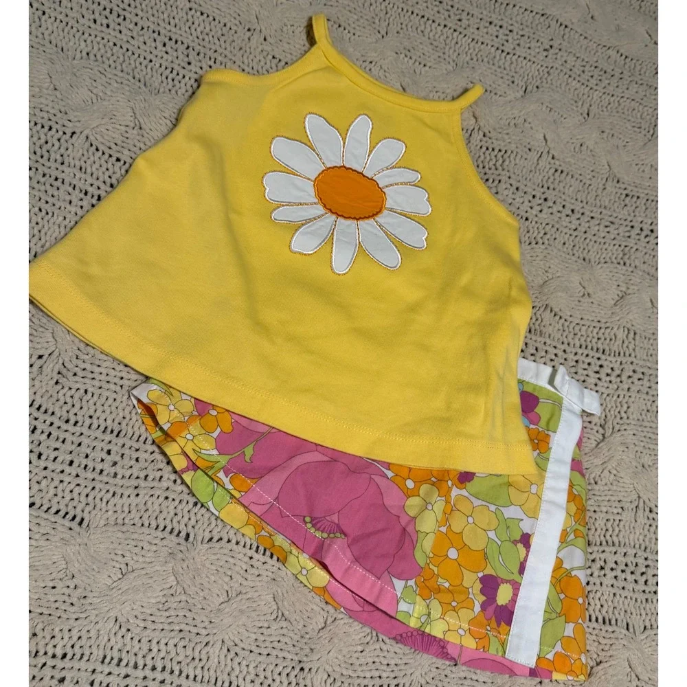 VTG Gymboree Girls Yellow Daisy Tank Top and Retro Floral Skort Set 18-24 Months